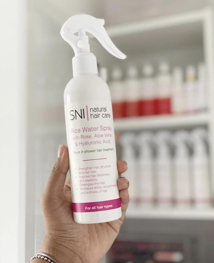 Uses for the SNI Natural Haircare Rice Water Spray, available online now