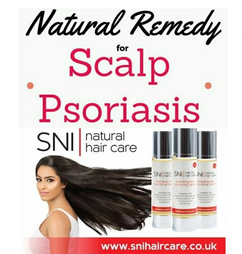 natural remedy poster for scalp psoriasis, showing products